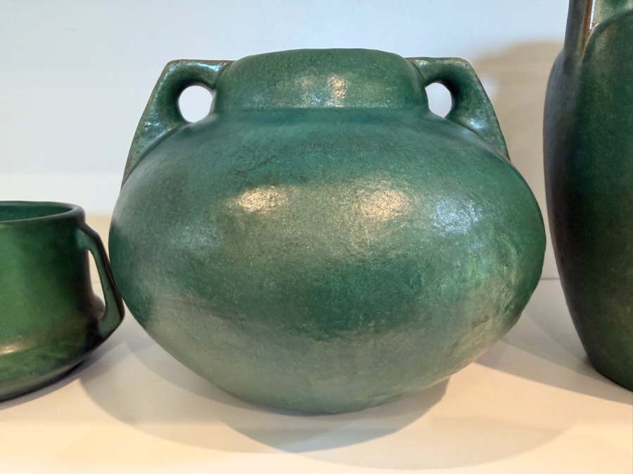 Collection Of (3) Vintage Arts And Crafts Ceramic Pieces Featuring A Matte Green Glaze: (1) Antique Weller Pottery Jardiniere And (2) Antique Fulper Pottery Vases 4'-8'H [Photo 4]