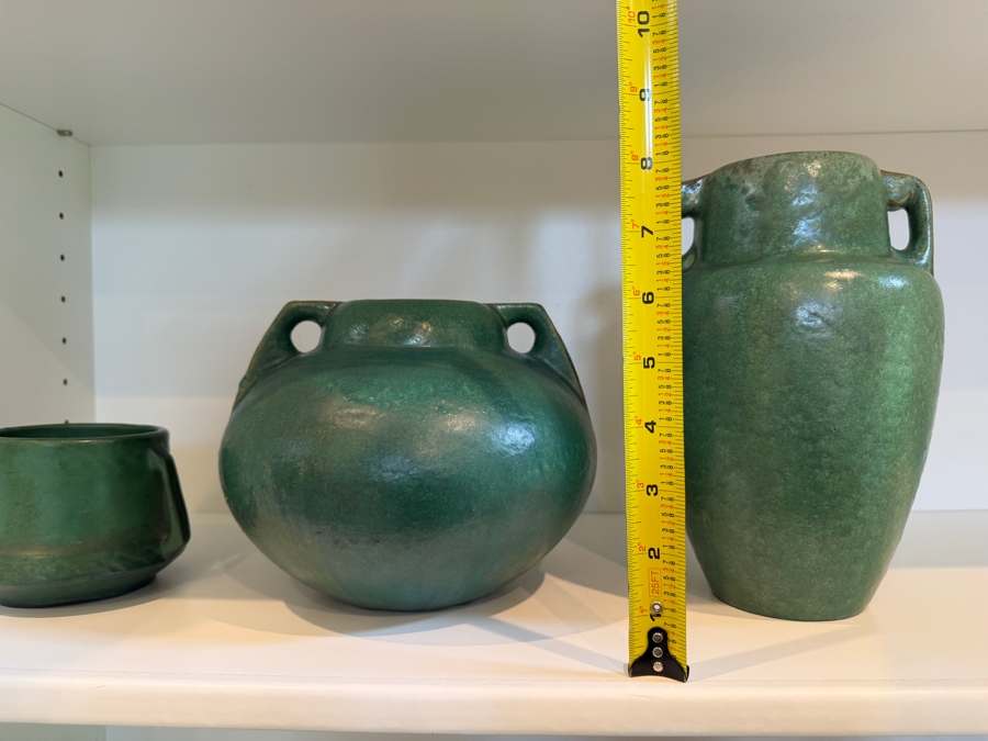Collection Of (3) Vintage Arts And Crafts Ceramic Pieces Featuring A Matte Green Glaze: (1) Antique Weller Pottery Jardiniere And (2) Antique Fulper Pottery Vases 4'-8'H [Photo 14]