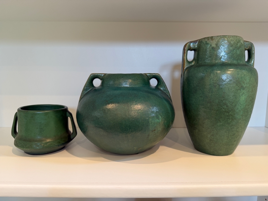 Collection Of (3) Vintage Arts And Crafts Ceramic Pieces Featuring A Matte Green Glaze: (1) Antique Weller Pottery Jardiniere And (2) Antique Fulper Pottery Vases 4'-8'H [Photo 3]