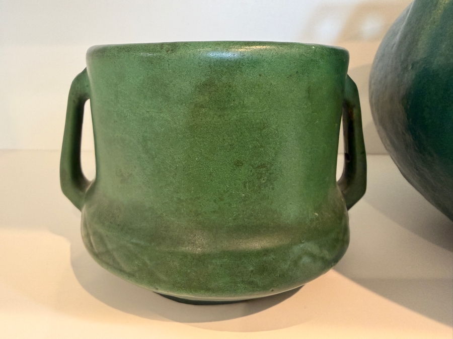 Collection Of (3) Vintage Arts And Crafts Ceramic Pieces Featuring A Matte Green Glaze: (1) Antique Weller Pottery Jardiniere And (2) Antique Fulper Pottery Vases 4'-8'H [Photo 7]