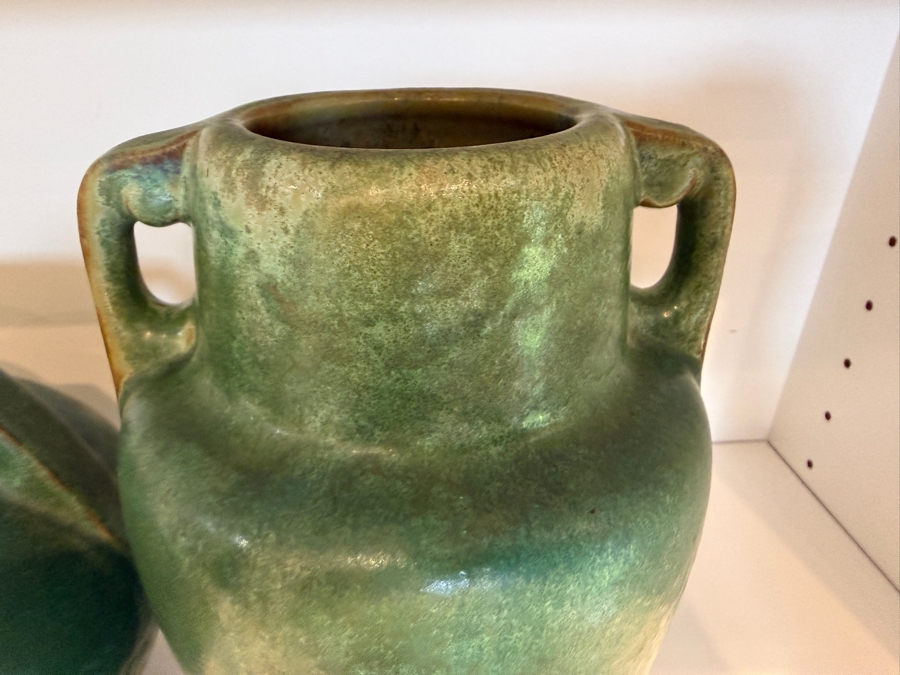 Collection Of (3) Vintage Arts And Crafts Ceramic Pieces Featuring A Matte Green Glaze: (1) Antique Weller Pottery Jardiniere And (2) Antique Fulper Pottery Vases 4'-8'H [Photo 6]