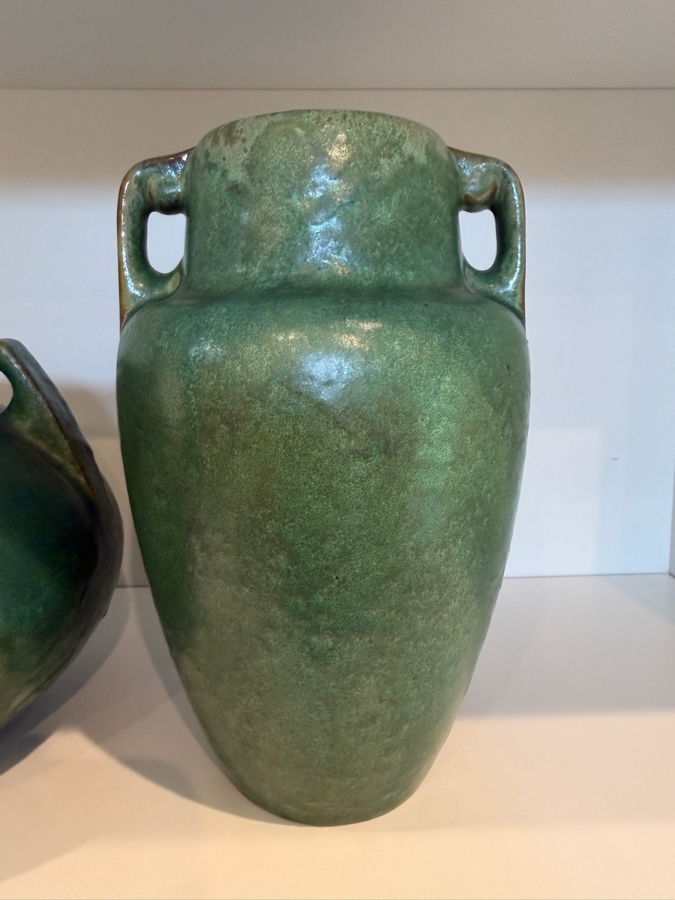 Collection Of (3) Vintage Arts And Crafts Ceramic Pieces Featuring A Matte Green Glaze: (1) Antique Weller Pottery Jardiniere And (2) Antique Fulper Pottery Vases 4'-8'H [Photo 5]