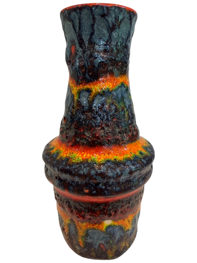 Vintage Mid-Century Modern Fat Lava West German Art Pottery Vase By Scheurich Keramik Known As A Rainbow Drip Glaze With Vibrant Layered Orange, Yellow And Blue/Black Colors 7.5'H