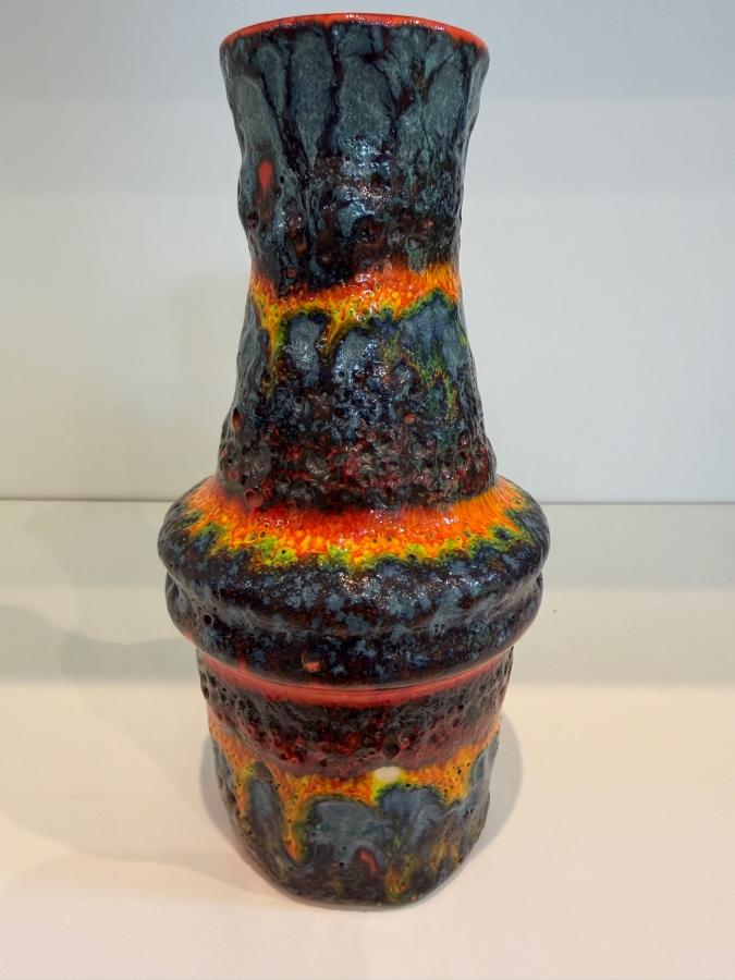 Vintage Mid-Century Modern Fat Lava West German Art Pottery Vase By Scheurich Keramik Known As A Rainbow Drip Glaze With Vibrant Layered Orange, Yellow And Blue/Black Colors 7.5'H [Photo 2]