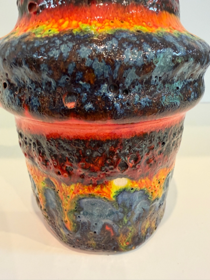 Vintage Mid-Century Modern Fat Lava West German Art Pottery Vase By Scheurich Keramik Known As A Rainbow Drip Glaze With Vibrant Layered Orange, Yellow And Blue/Black Colors 7.5'H [Photo 3]