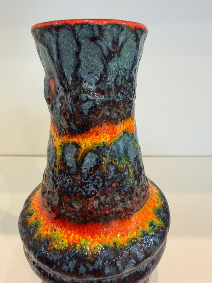 Vintage Mid-Century Modern Fat Lava West German Art Pottery Vase By Scheurich Keramik Known As A Rainbow Drip Glaze With Vibrant Layered Orange, Yellow And Blue/Black Colors 7.5'H [Photo 4]