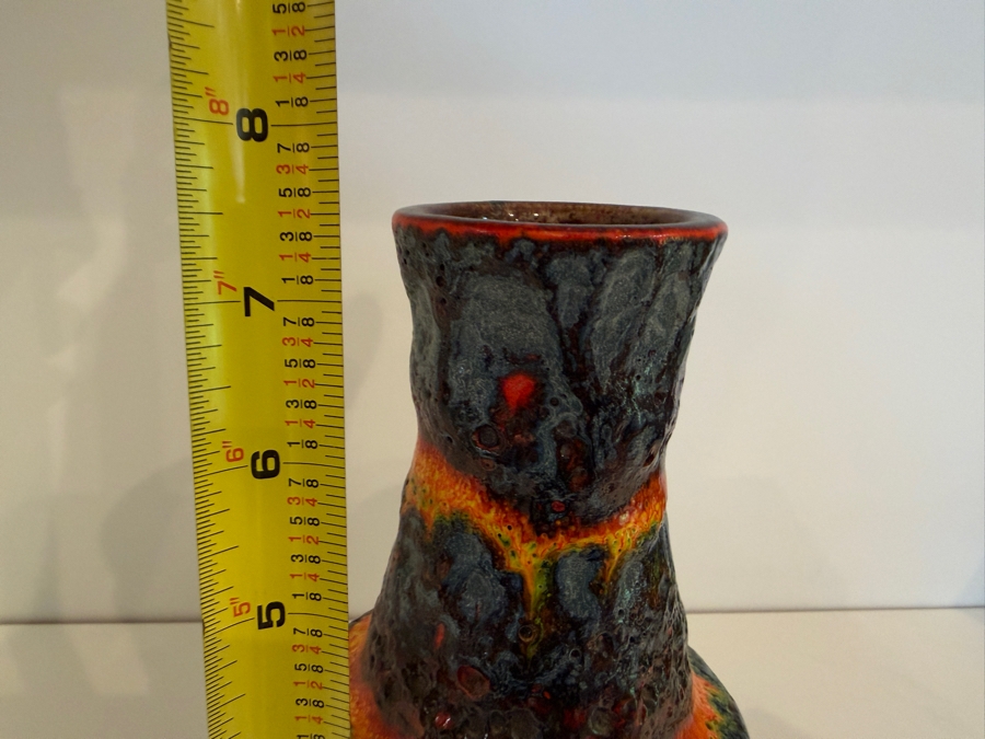 Vintage Mid-Century Modern Fat Lava West German Art Pottery Vase By Scheurich Keramik Known As A Rainbow Drip Glaze With Vibrant Layered Orange, Yellow And Blue/Black Colors 7.5'H [Photo 7]