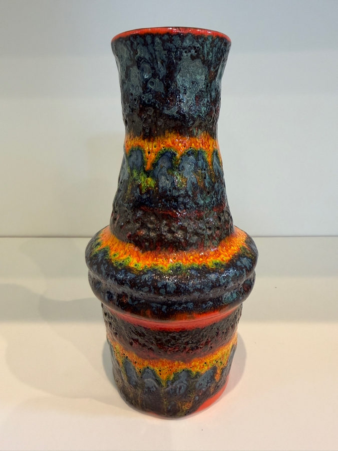 Vintage Mid-Century Modern Fat Lava West German Art Pottery Vase By Scheurich Keramik Known As A Rainbow Drip Glaze With Vibrant Layered Orange, Yellow And Blue/Black Colors 7.5'H [Photo 5]