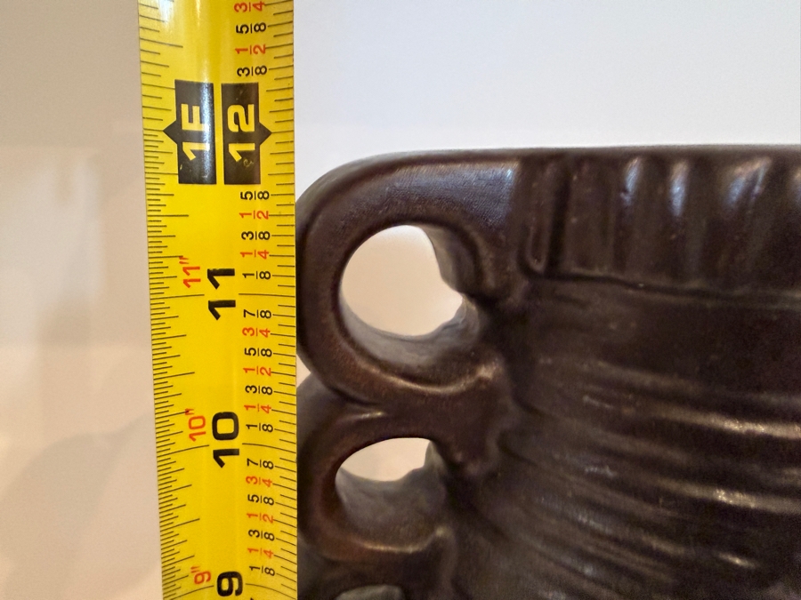 Vintage Mid-Century Modern Fat Lava West German Art Pottery Vase By Dumler & Breiden In The Juwel Relief Series Featuring A Double-Jug Handle And A Relief Central Sunburst Motif In Vibrant Red, Green And Yellow Glazes W/ A Dark Brown Textured Body 12'H [Photo 14]