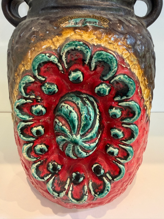Vintage Mid-Century Modern Fat Lava West German Art Pottery Vase By Dumler & Breiden In The Juwel Relief Series Featuring A Double-Jug Handle And A Relief Central Sunburst Motif In Vibrant Red, Green And Yellow Glazes W/ A Dark Brown Textured Body 12'H [Photo 9]