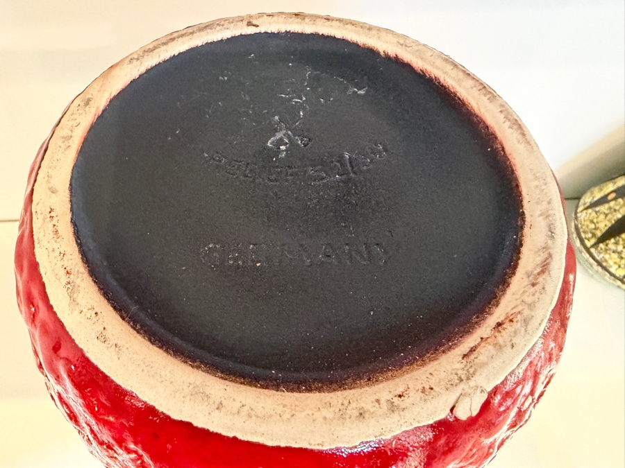Vintage Mid-Century Modern Fat Lava West German Art Pottery Vase By Dumler & Breiden In The Juwel Relief Series Featuring A Double-Jug Handle And A Relief Central Sunburst Motif In Vibrant Red, Green And Yellow Glazes W/ A Dark Brown Textured Body 12'H [Photo 12]