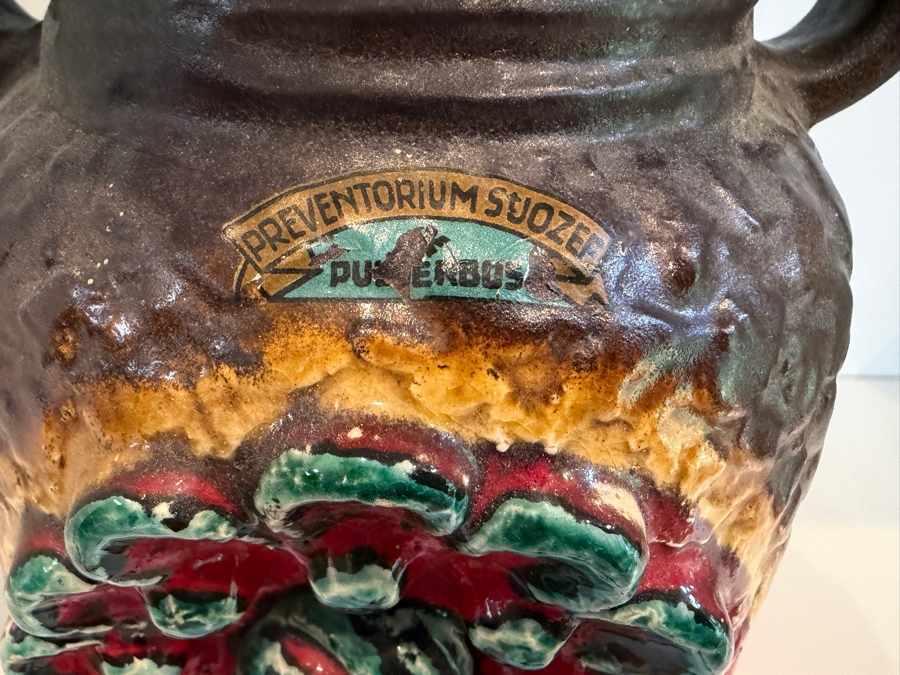 Vintage Mid-Century Modern Fat Lava West German Art Pottery Vase By Dumler & Breiden In The Juwel Relief Series Featuring A Double-Jug Handle And A Relief Central Sunburst Motif In Vibrant Red, Green And Yellow Glazes W/ A Dark Brown Textured Body 12'H [Photo 11]