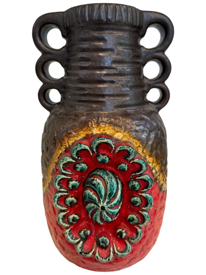 Vintage Mid-Century Modern Fat Lava West German Art Pottery Vase By Dumler & Breiden In The Juwel Relief Series Featuring A Double-Jug Handle And A Relief Central Sunburst Motif In Vibrant Red, Green And Yellow Glazes W/ A Dark Brown Textured Body 12'H