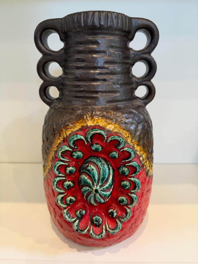 Vintage Mid-Century Modern Fat Lava West German Art Pottery Vase By Dumler & Breiden In The Juwel Relief Series Featuring A Double-Jug Handle And A Relief Central Sunburst Motif In Vibrant Red, Green And Yellow Glazes W/ A Dark Brown Textured Body 12'H [Photo 2]
