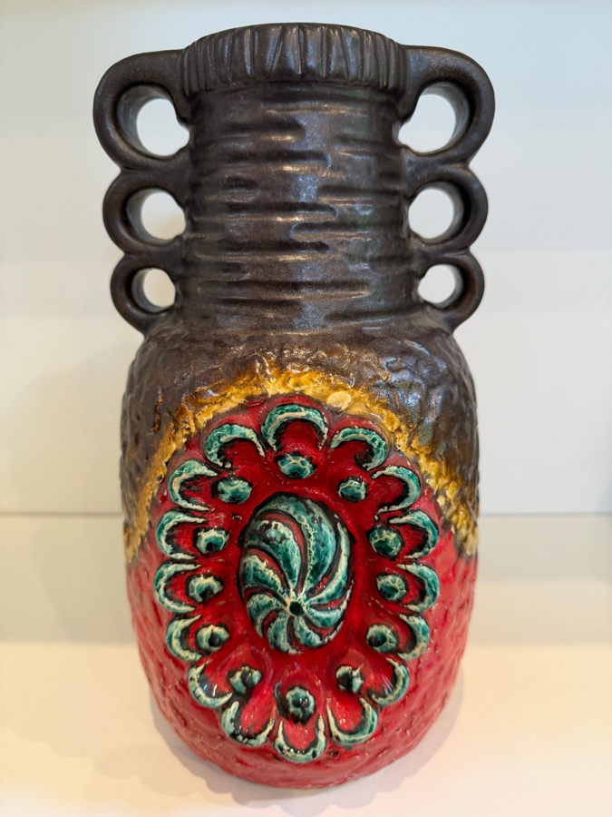 Vintage Mid-Century Modern Fat Lava West German Art Pottery Vase By Dumler & Breiden In The Juwel Relief Series Featuring A Double-Jug Handle And A Relief Central Sunburst Motif In Vibrant Red, Green And Yellow Glazes W/ A Dark Brown Textured Body 12'H [Photo 3]