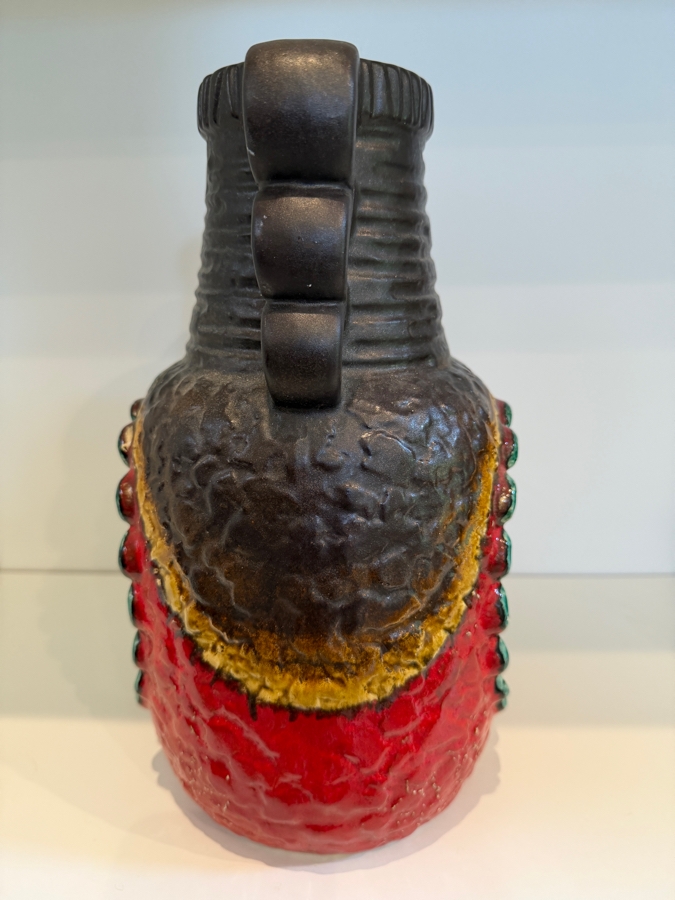 Vintage Mid-Century Modern Fat Lava West German Art Pottery Vase By Dumler & Breiden In The Juwel Relief Series Featuring A Double-Jug Handle And A Relief Central Sunburst Motif In Vibrant Red, Green And Yellow Glazes W/ A Dark Brown Textured Body 12'H [Photo 7]
