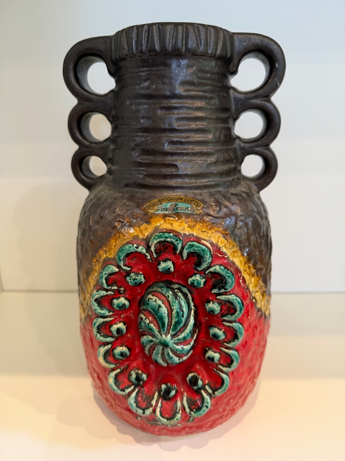 Vintage Mid-Century Modern Fat Lava West German Art Pottery Vase By Dumler & Breiden In The Juwel Relief Series Featuring A Double-Jug Handle And A Relief Central Sunburst Motif In Vibrant Red, Green And Yellow Glazes W/ A Dark Brown Textured Body 12'H [Photo 8]