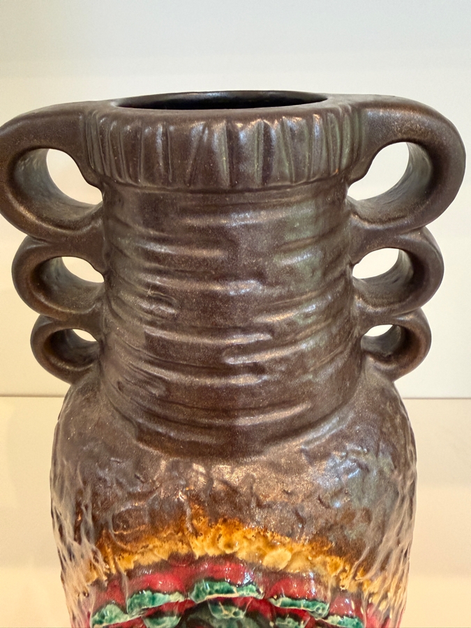 Vintage Mid-Century Modern Fat Lava West German Art Pottery Vase By Dumler & Breiden In The Juwel Relief Series Featuring A Double-Jug Handle And A Relief Central Sunburst Motif In Vibrant Red, Green And Yellow Glazes W/ A Dark Brown Textured Body 12'H [Photo 6]