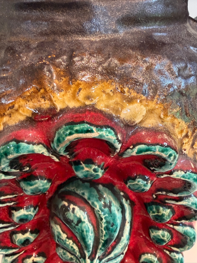 Vintage Mid-Century Modern Fat Lava West German Art Pottery Vase By Dumler & Breiden In The Juwel Relief Series Featuring A Double-Jug Handle And A Relief Central Sunburst Motif In Vibrant Red, Green And Yellow Glazes W/ A Dark Brown Textured Body 12'H [Photo 5]