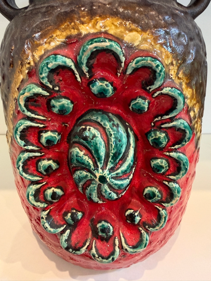 Vintage Mid-Century Modern Fat Lava West German Art Pottery Vase By Dumler & Breiden In The Juwel Relief Series Featuring A Double-Jug Handle And A Relief Central Sunburst Motif In Vibrant Red, Green And Yellow Glazes W/ A Dark Brown Textured Body 12'H [Photo 4]