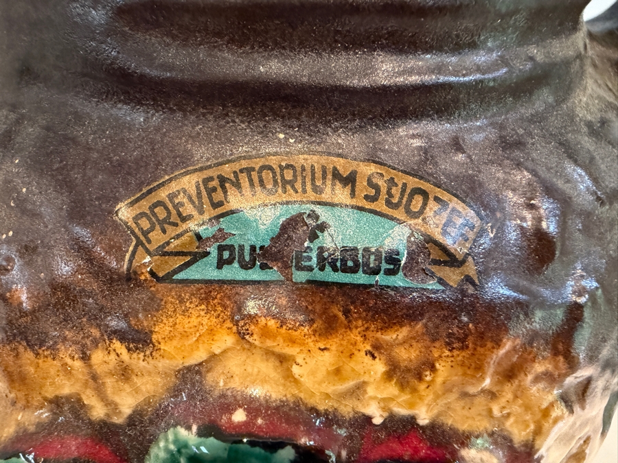 Vintage Mid-Century Modern Fat Lava West German Art Pottery Vase By Dumler & Breiden In The Juwel Relief Series Featuring A Double-Jug Handle And A Relief Central Sunburst Motif In Vibrant Red, Green And Yellow Glazes W/ A Dark Brown Textured Body 12'H [Photo 10]