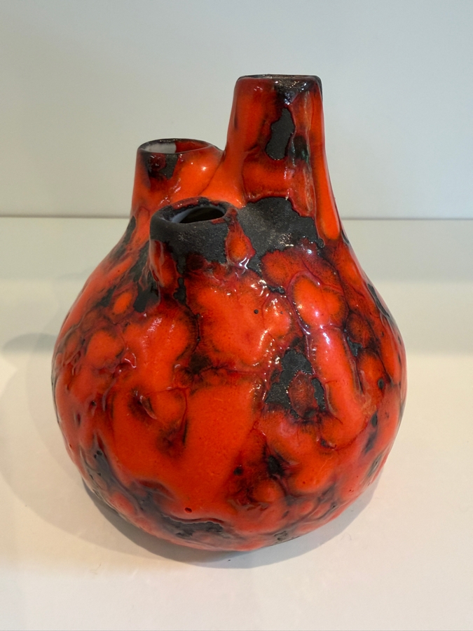Vintage Mid-Century Modern Fat Lava West German Art Pottery Chimney Vase By P-Keramik Featuring A Glossy Red Glaze Over A Matte Black Ground Model 25 4.75'H [Photo 6]
