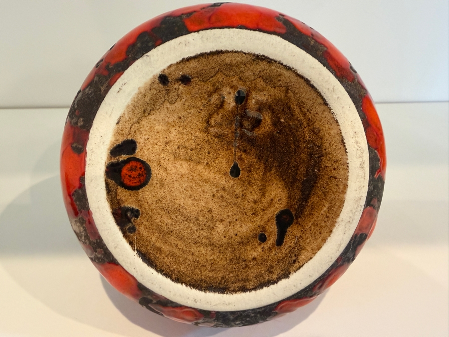 Vintage Mid-Century Modern Fat Lava West German Art Pottery Chimney Vase By P-Keramik Featuring A Glossy Red Glaze Over A Matte Black Ground Model 25 4.75'H [Photo 7]