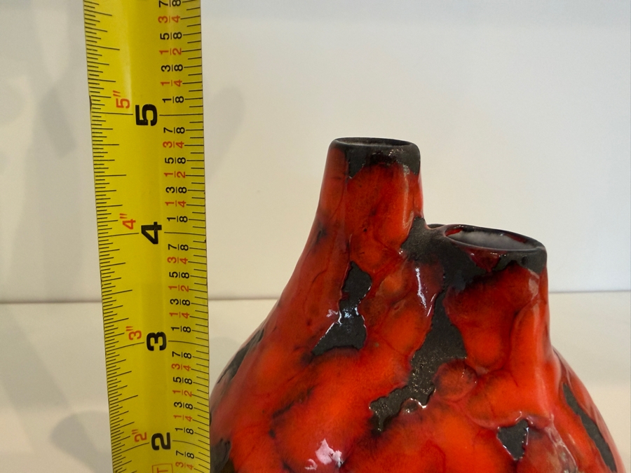 Vintage Mid-Century Modern Fat Lava West German Art Pottery Chimney Vase By P-Keramik Featuring A Glossy Red Glaze Over A Matte Black Ground Model 25 4.75'H [Photo 8]