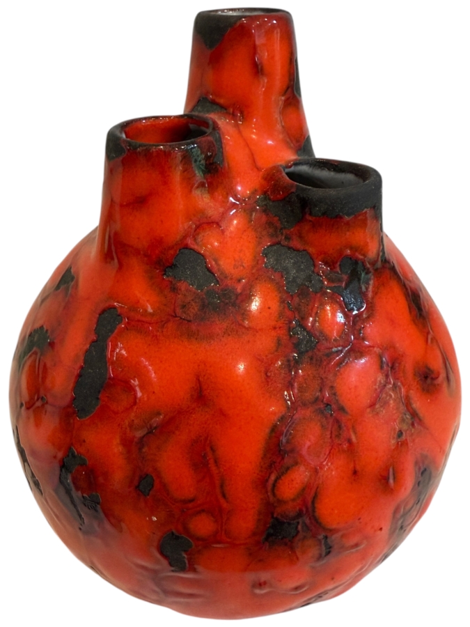 Vintage Mid-Century Modern Fat Lava West German Art Pottery Chimney Vase By P-Keramik Featuring A Glossy Red Glaze Over A Matte Black Ground Model 25 4.75'H