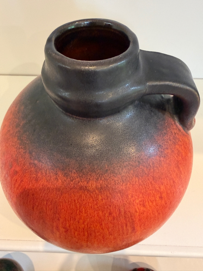Vintage Mid-Century Modern Fat Lava West German Art Pottery Pitcher By Gerda Heuckeroth For Carstens Atelier With Matte Red/Orange Glaze 8'H [Photo 4]