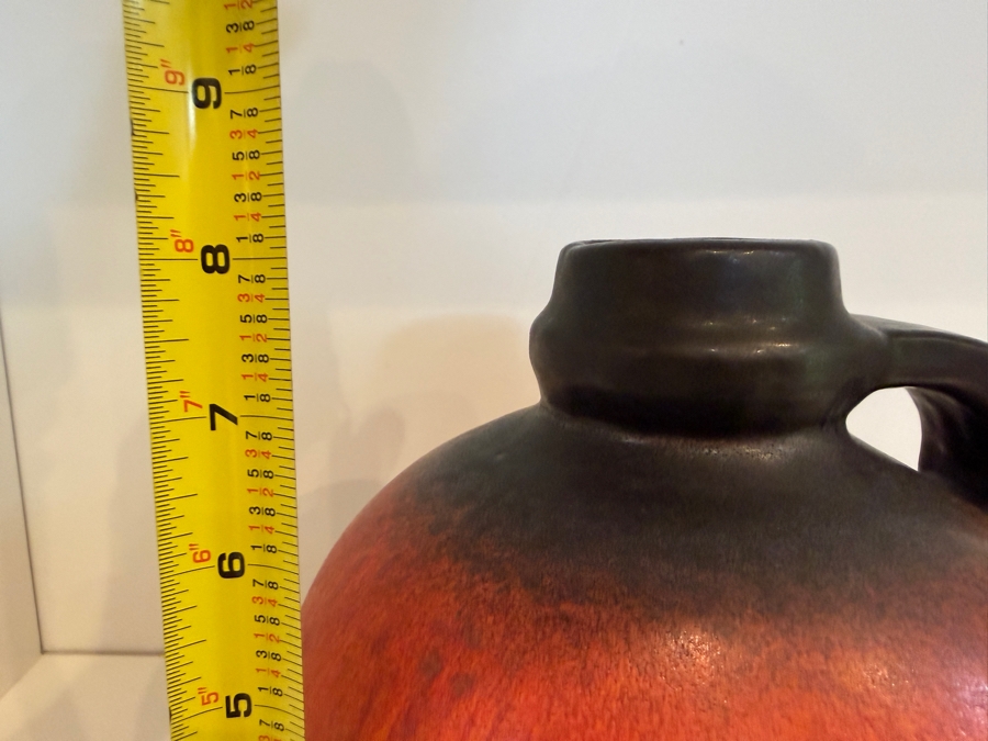 Vintage Mid-Century Modern Fat Lava West German Art Pottery Pitcher By Gerda Heuckeroth For Carstens Atelier With Matte Red/Orange Glaze 8'H [Photo 7]