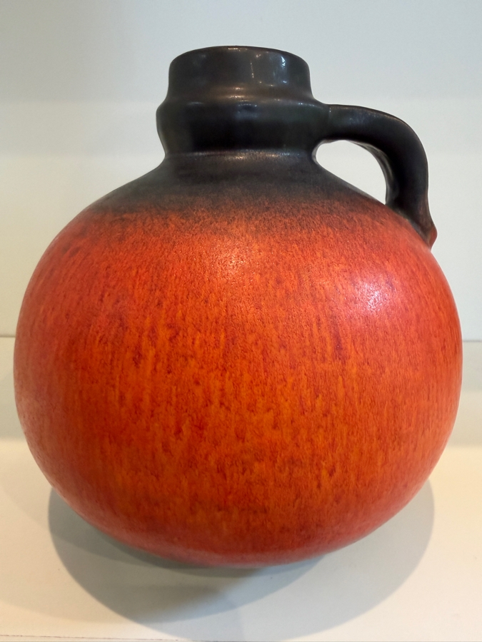 Vintage Mid-Century Modern Fat Lava West German Art Pottery Pitcher By Gerda Heuckeroth For Carstens Atelier With Matte Red/Orange Glaze 8'H [Photo 3]