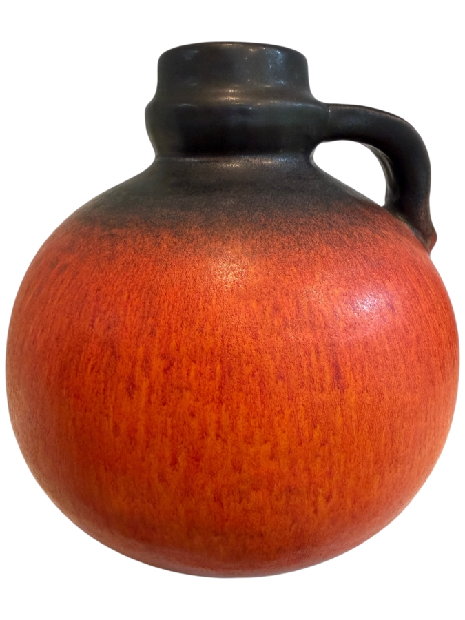 Vintage Mid-Century Modern Fat Lava West German Art Pottery Pitcher By Gerda Heuckeroth For Carstens Atelier With Matte Red/Orange Glaze 8'H