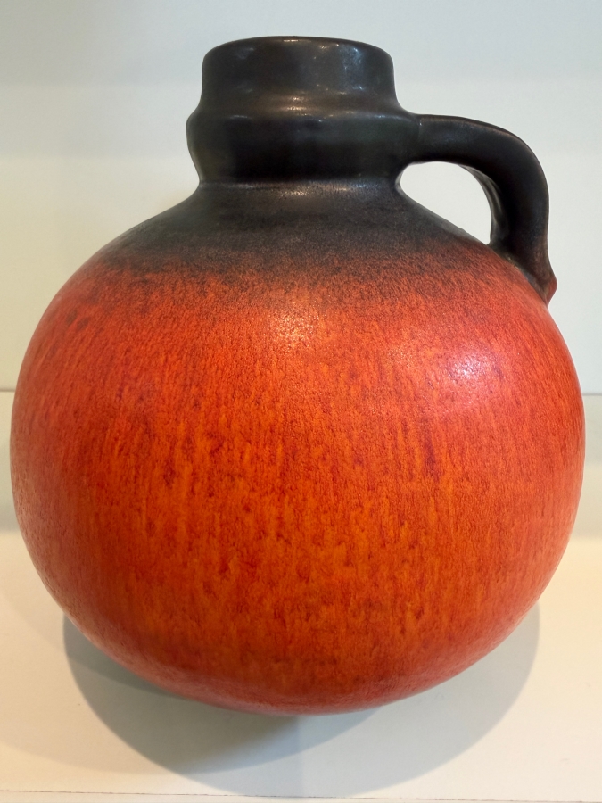 Vintage Mid-Century Modern Fat Lava West German Art Pottery Pitcher By Gerda Heuckeroth For Carstens Atelier With Matte Red/Orange Glaze 8'H [Photo 2]