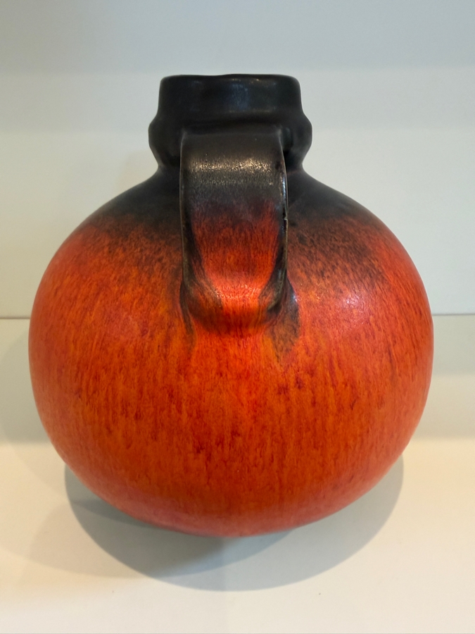 Vintage Mid-Century Modern Fat Lava West German Art Pottery Pitcher By Gerda Heuckeroth For Carstens Atelier With Matte Red/Orange Glaze 8'H [Photo 5]