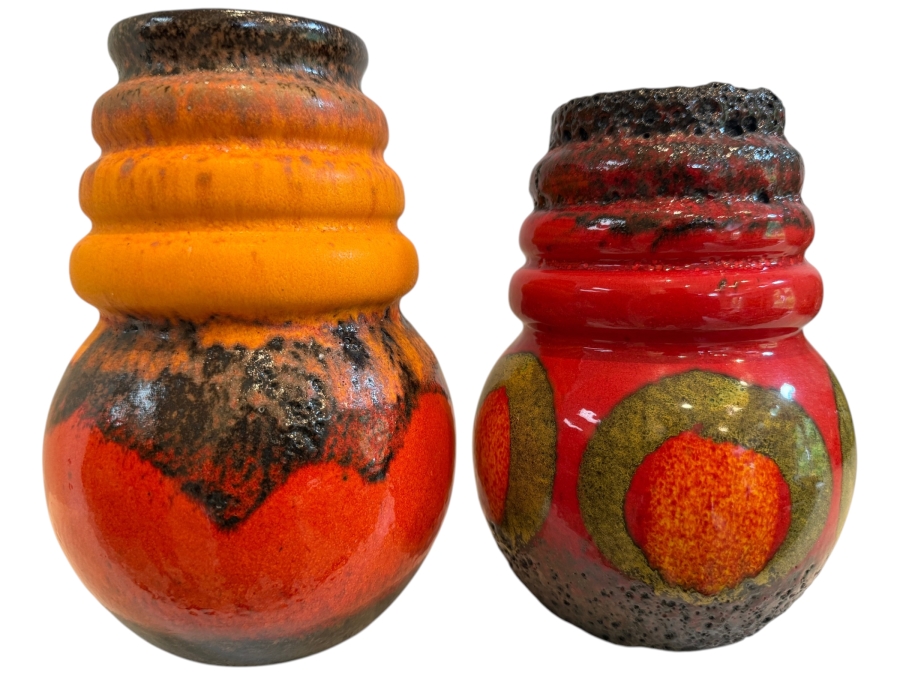 Pair Of Vintage Mid-Century Modern Fat Lava West German Art Pottery Vases By Scheurich 7'H