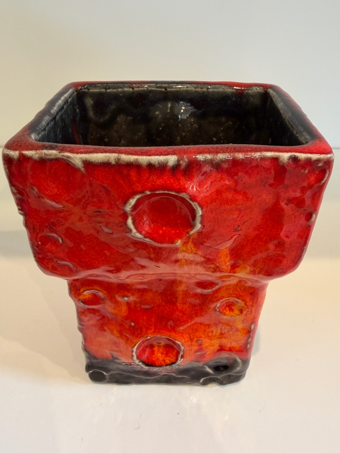 Vintage Mid-Century Modern Fat Lava West German Art Pottery Vase Featuring A Red And Black Mooncrater Glaze 5.5'H [Photo 4]
