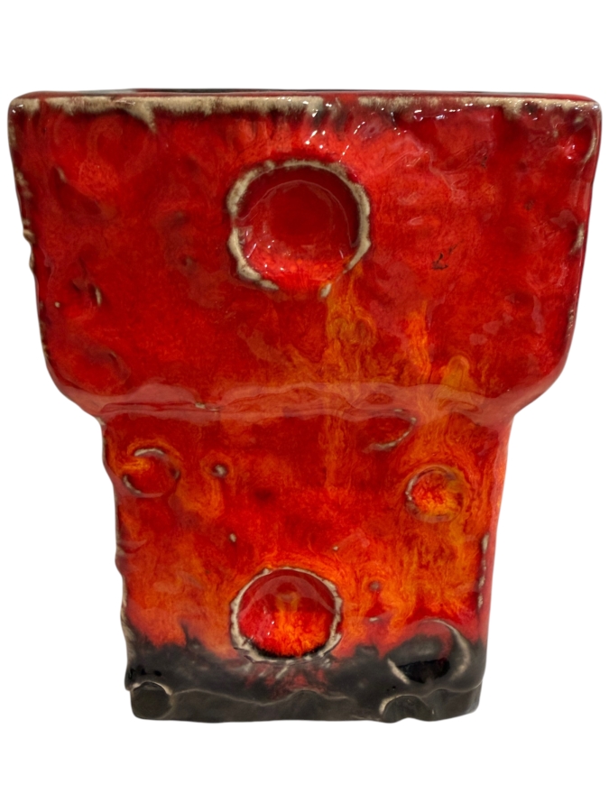 Vintage Mid-Century Modern Fat Lava West German Art Pottery Vase Featuring A Red And Black Mooncrater Glaze 5.5'H