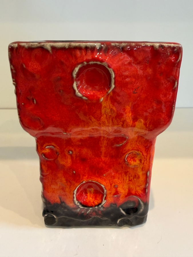 Vintage Mid-Century Modern Fat Lava West German Art Pottery Vase Featuring A Red And Black Mooncrater Glaze 5.5'H [Photo 2]