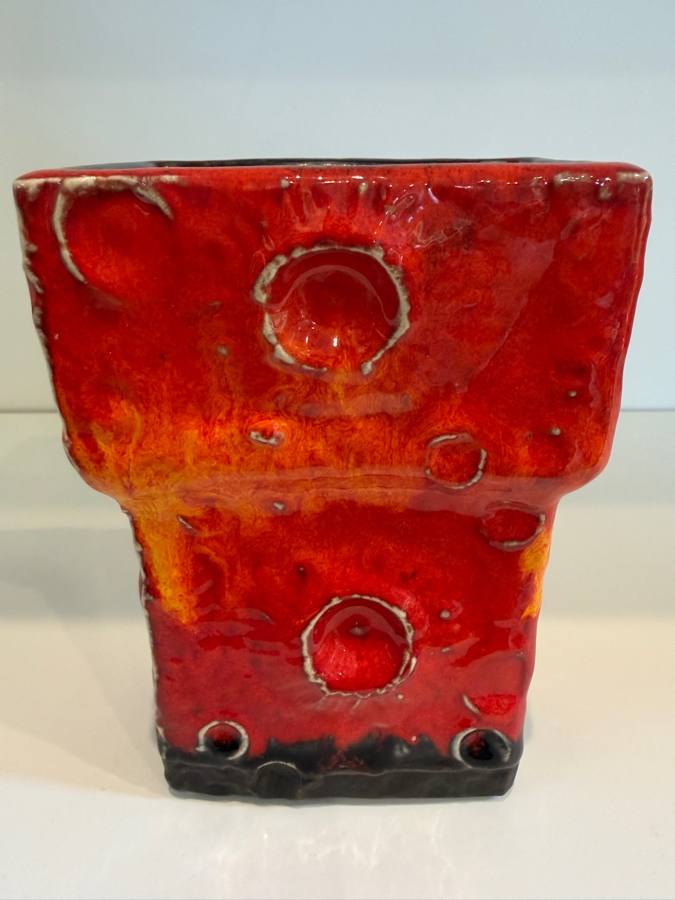 Vintage Mid-Century Modern Fat Lava West German Art Pottery Vase Featuring A Red And Black Mooncrater Glaze 5.5'H [Photo 7]