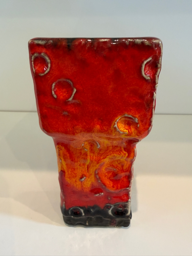 Vintage Mid-Century Modern Fat Lava West German Art Pottery Vase Featuring A Red And Black Mooncrater Glaze 5.5'H [Photo 8]