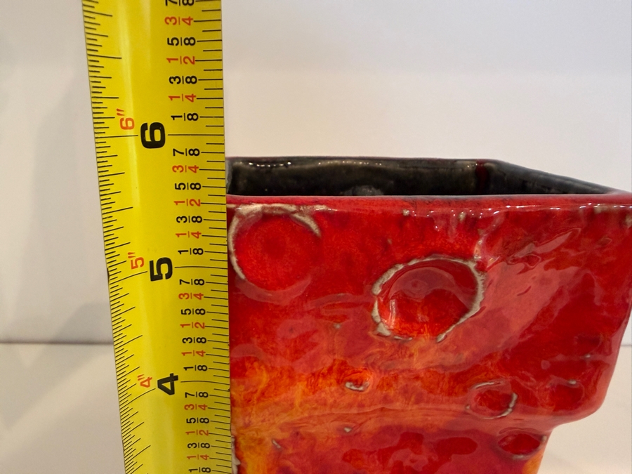 Vintage Mid-Century Modern Fat Lava West German Art Pottery Vase Featuring A Red And Black Mooncrater Glaze 5.5'H [Photo 10]