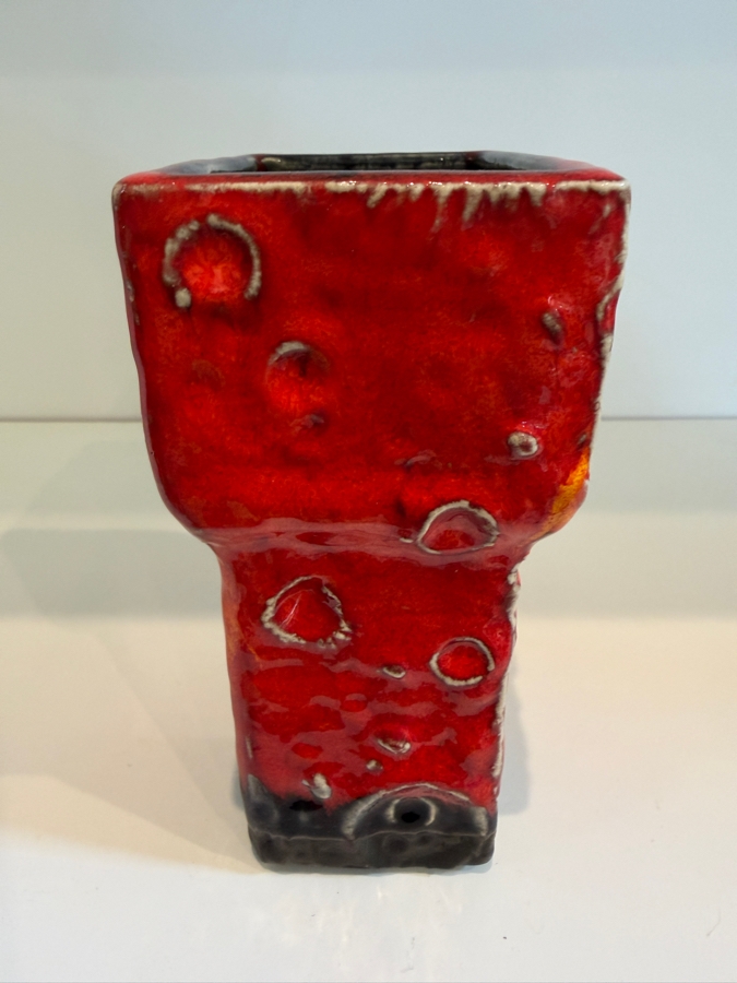 Vintage Mid-Century Modern Fat Lava West German Art Pottery Vase Featuring A Red And Black Mooncrater Glaze 5.5'H [Photo 6]