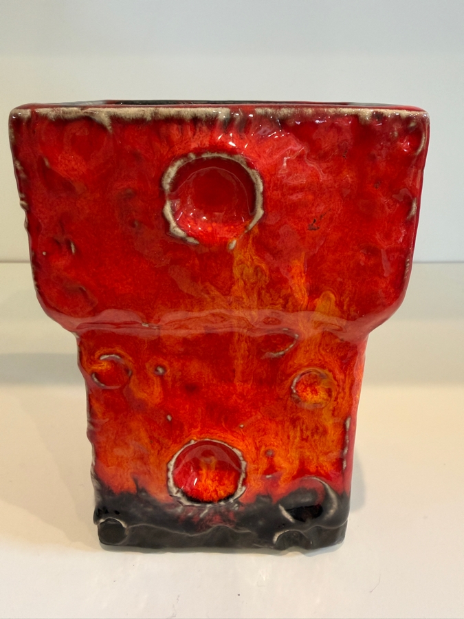 Vintage Mid-Century Modern Fat Lava West German Art Pottery Vase Featuring A Red And Black Mooncrater Glaze 5.5'H [Photo 3]