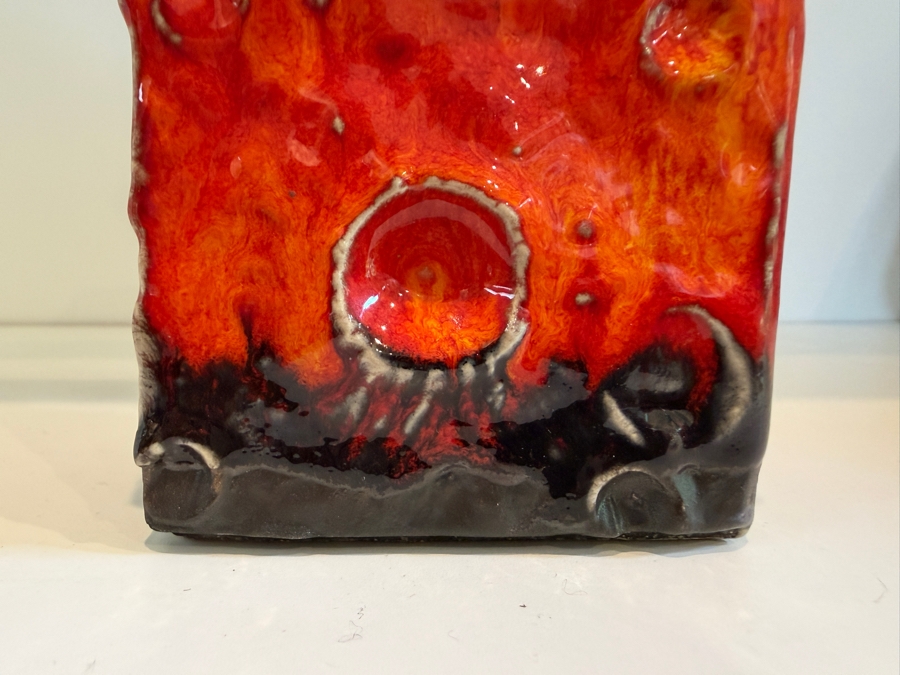 Vintage Mid-Century Modern Fat Lava West German Art Pottery Vase Featuring A Red And Black Mooncrater Glaze 5.5'H [Photo 5]