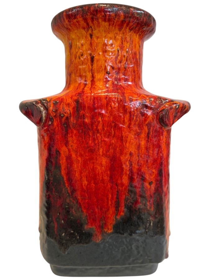 Vintage Mid-Century Modern Fat Lava West German Art Pottery Vase By Dumler & Breiden Featuring A Fiery Red/Orange And Black Textured Glaze Model 604/30 12'H