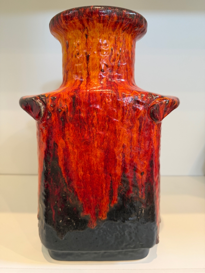 Vintage Mid-Century Modern Fat Lava West German Art Pottery Vase By Dumler & Breiden Featuring A Fiery Red/Orange And Black Textured Glaze Model 604/30 12'H [Photo 2]