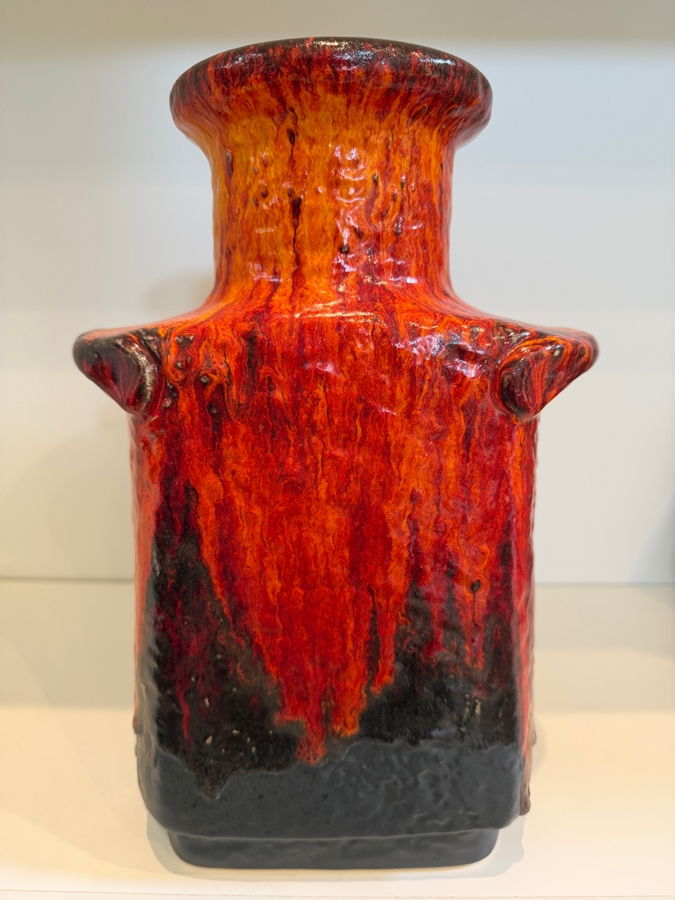 Vintage Mid-Century Modern Fat Lava West German Art Pottery Vase By Dumler & Breiden Featuring A Fiery Red/Orange And Black Textured Glaze Model 604/30 12'H [Photo 3]