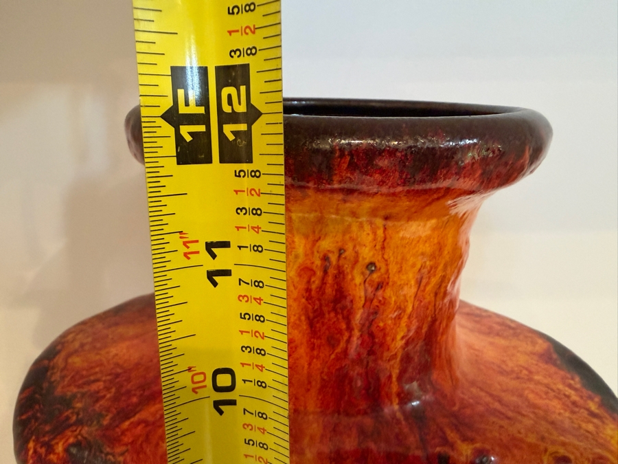 Vintage Mid-Century Modern Fat Lava West German Art Pottery Vase By Dumler & Breiden Featuring A Fiery Red/Orange And Black Textured Glaze Model 604/30 12'H [Photo 11]