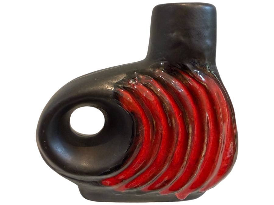 Vintage Mid-Century Modern Fat Lava West German Art Pottery Vase By Walter Becht Featuring A Black And Red Glaze Model 156/15 6'H